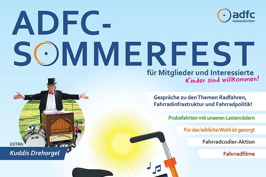 Buntes Plakat, in der Mitte ein Fahrrad. Oben, unten und daneben Infos. Termin 1.9.2024. Ort: Jugendzentrum Spunk, Festweg 21 in Ückendorf, Uhrzeit 14.30 bis 19 Uhr